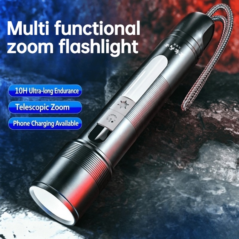 Outdoor Power Lights - Multifunktionale LED-Taschenlampe, zoombar, COB-Seitenlicht, wiederaufladbare Powerbank,