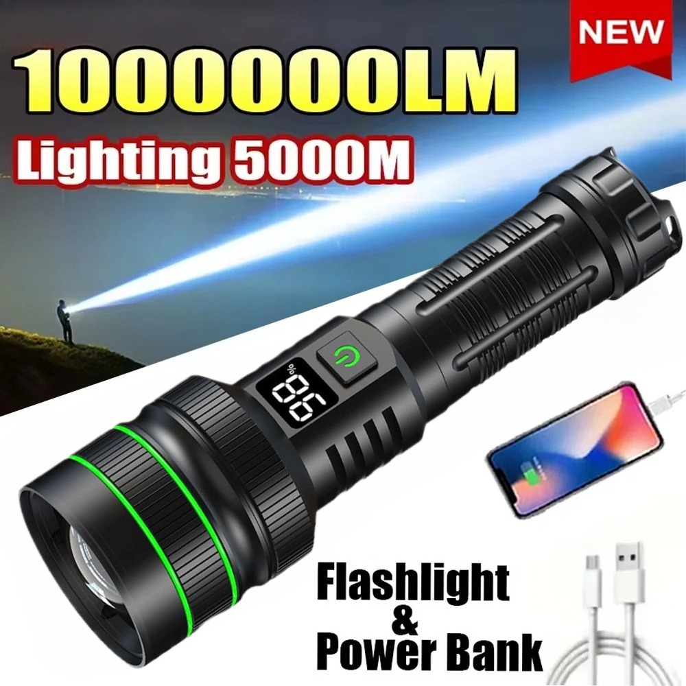 Outdoor Power Lights - Leistungsstarke LED-Taschenlampe, zoombar, wiederaufladbar über Typ-C,